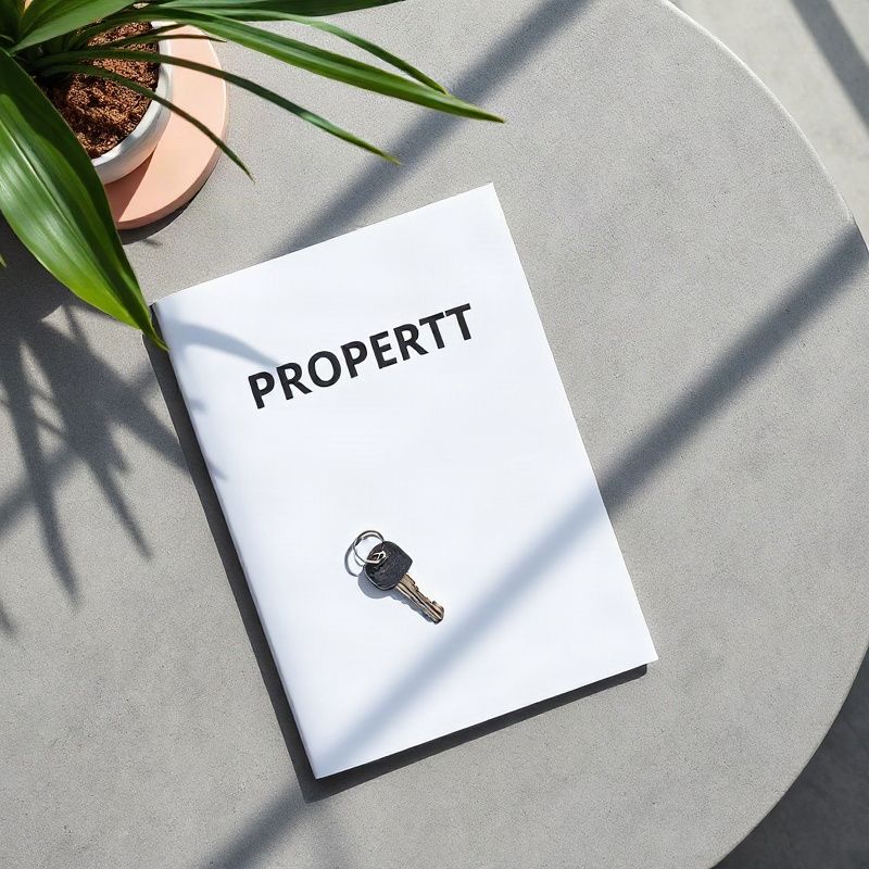 Overhead view of property documents and keys on a slate-grey desk